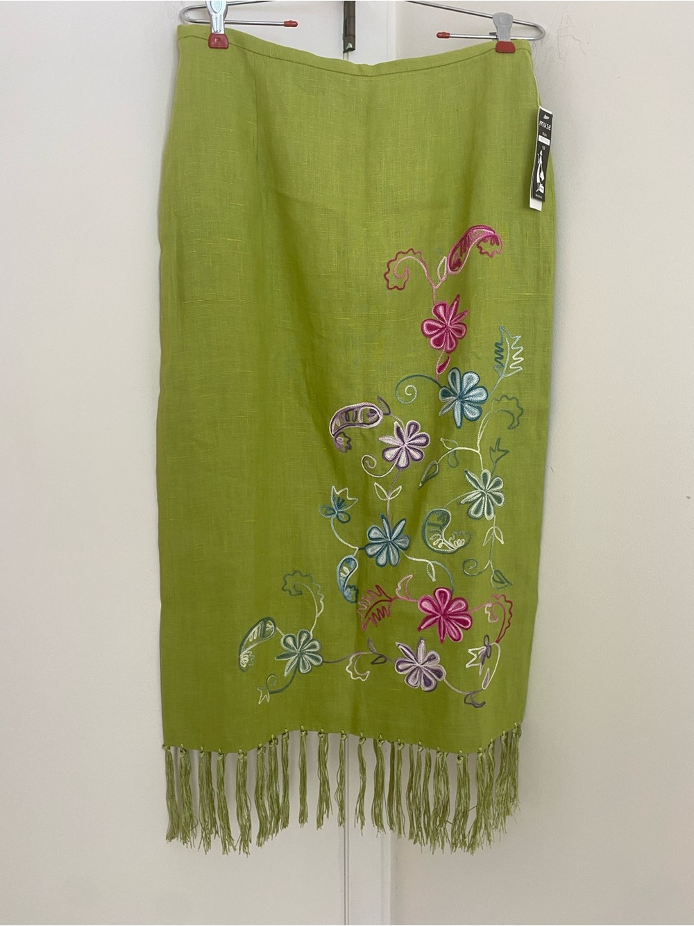 NWT 100% Linen Boho Chartreuse Fringe Tassel Maxi Skirt Floral Embroidered Artsy